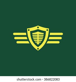 Yellow Icon of Shield Or Protection Shield Isolated on Dark Green Background. Eps--10.