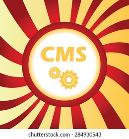 Yellow icon with text CMS and gears, in the middle of abstract background
