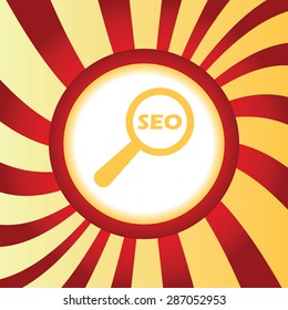 Yellow icon with text SEO under loupe, in the middle of abstract background