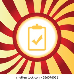Yellow icon with tick mark on clipboard, in the middle of abstract background