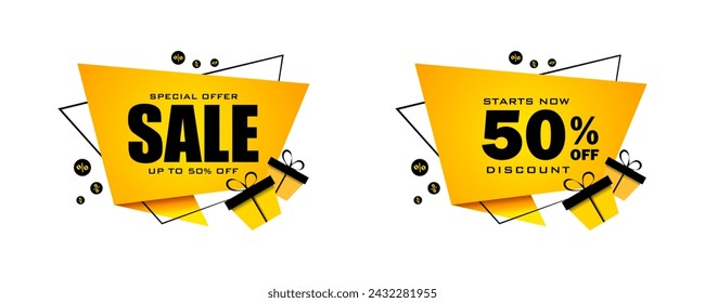 Yellow icons for product discounts with percentages. Flat style. Vector illustration.