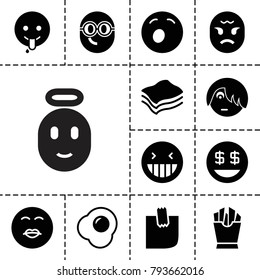 Yellow icons. set of 13 editable filled yellow icons such as laughing emot, kiss emot, dollar smiley, emoji showing tongue, french fries, glued note, sponge, egg