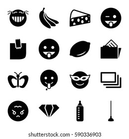 yellow icons set. Set of 16 yellow filled icons such as lemon, baby bottle, butterfly, gem, emoji in mask, emoji showing tongue, laughing emot, showing tongue emot
