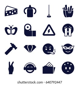 Yellow icons set. set of 16 yellow filled icons such as baby bottle, butterfly, gem, paper towel, hummer, emoji in mask, sweating emot, emoji, smoking emot, crying emoji