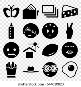 Yellow icons set. set of 16 yellow filled icons such as lemon, baby bottle, butterfly, sweating emot, kiss emot, nerd emoji, french fries, hat, house under sun