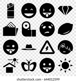 Yellow icons set. set of 16 yellow filled icons such as sun, lemon, butterfly, gem, paper towel, laughing emot, emoji showing tongue, sweating emot, burrito, hat