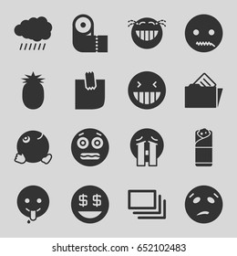 Yellow icons set. set of 16 yellow filled icons such as sun, paper towel, laughing emot, sweating emot, dollar smiley, crying emoji, shocked emoji, emot with zipper mouth