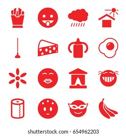 Yellow icons set. set of 16 yellow filled icons such as sun, baby bottle, paper towel, emoji in mask, sweating emot, laughing emot, french fries, hoe, house under sun, egg