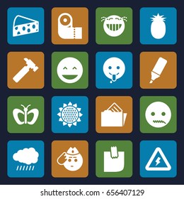 Yellow icons set. set of 16 yellow filled icons such as sun, sunflower, butterfly, paper towel, hummer, laughing emot, soldier emot, emoji showing tongue