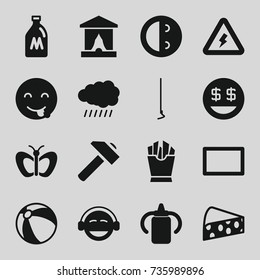 Yellow icons set. set of 16 yellow filled icons such as sun, milk can, baby bottle, beach ball, butterfly, hummer, laughing emot, emot showing tongue, emoji, dollar smiley