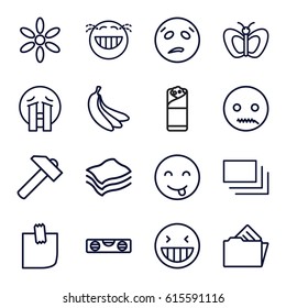 Yellow icons set. set of 16 yellow outline icons such as butterfly, sun, hummer, level ruler, burrito, glued note, document in folder, burst, sponge, banana, laughing emot