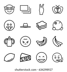 Yellow icons set. set of 16 yellow outline icons such as banana, lemon, baby bottle, butterfly, hat, burst, sponge, cheese, laughing emot, emoji in mask, smoking emot