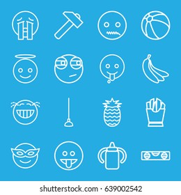 Yellow icons set. set of 16 yellow outline icons such as baby bottle, beach ball, hummer, level ruler, french fries, hoe, banana, pineapple, emoji in mask, emoji angel