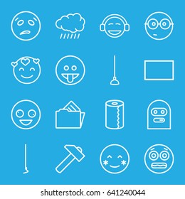 Yellow icons set. set of 16 yellow outline icons such as sun, paper towel, hummer, hoe, document in folder, burst, crazy emot, blush, emot in love, nerd emoji, emoji