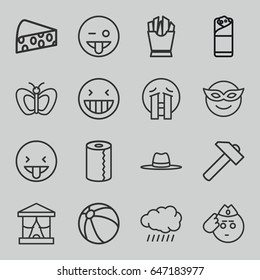 Yellow icons set. set of 16 yellow outline icons such as sun, beach ball, butterfly, paper towel, hummer, french fries, burrito, hat, cheese, laughing emot, emoji in mask