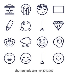 Yellow icons set. set of 16 yellow outline icons such as sun, butterfly, gem, hoe, highlighter, burst, egg, blush, kiss emot, dollar smiley, crying emoji, rolling eyes emoji