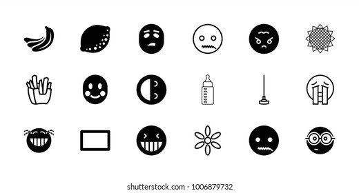 Yellow icons. set of 18 editable filled and outline yellow icons: banana, laughing emot, nerd emoji, emot with zipper mouth, angry emoji, burst, sun, crying emoji