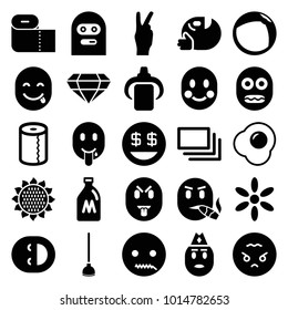 Yellow icons. set of 25 editable filled yellow icons such as milk can, sunflower, sun, paper towel, thief emot, dollar smiley, emot with zipper mouth, angry emoji, burst, egg