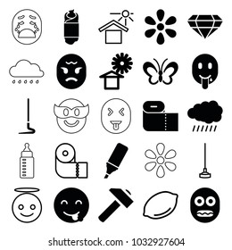 Yellow icons. set of 25 editable filled and outline yellow icons such as sun, hummer, emot showing tongue, highlighter, lemon, paper towel, emoji angel, hoe, house under sun