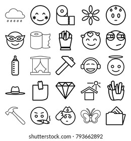 Yellow icons. set of 25 editable outline yellow icons such as baby bottle, sun, gem, paper towel, hummer, blush, emoji in mask, sweating emot, emoji angel, emot in love