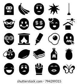 Yellow icons. set of 25 editable filled yellow icons such as milk can, lemon, emoji in mask, kiss emot, soldier emot, dollar smiley, french fries, hoe, house under sun