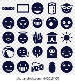 Yellow icons set. set of 25 yellow filled icons such as sun, beach ball, paper towel, level ruler, crazy emot, laughing emot, blush, emoji in mask, emoji angel, french fries