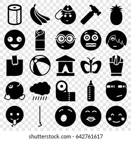 Yellow icons set. set of 25 yellow filled icons such as sun, baby bottle, beach ball, butterfly, paper towel, hummer, crazy emot, blush, kiss emot, nerd emoji, shocked emoji