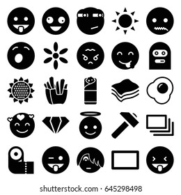 Yellow icons set. set of 25 yellow filled icons such as sun, sunflower, gem, paper towel, hummer, crazy emot, emoji showing tongue, emoji angel, emot showing tongue