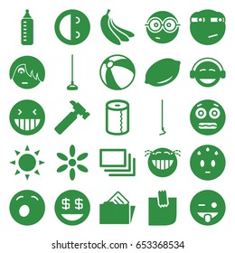 Yellow icons set. set of 25 yellow filled icons such as sun, lemon, baby bottle, beach ball, paper towel, hummer, laughing emot, emoji showing tongue, sweating emot