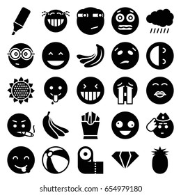 Yellow icons set. set of 25 yellow filled icons such as sun, banana, sunflower, beach ball, gem, paper towel, crazy emot, laughing emot, nerd emoji, crying emoji, french fries