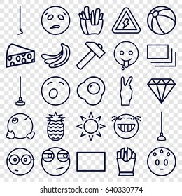 Yellow icons set. set of 25 yellow outline icons such as sun, banana, beach ball, gem, hummer, french fries, hoe, burst, egg, cheese, voltage warning, pineapple, sweating emot