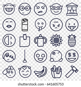 Yellow icons set. set of 25 yellow outline icons such as banana, sunflower, baby bottle, hummer, french fries, burrito, hoe, glued note, pineapple, crazy emot, emoji in mask