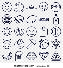 Yellow icons set. set of 25 yellow outline icons such as sun, milk can, banana, lemon, beach ball, butterfly, gem, hummer, level ruler, hat, glued note, sponge