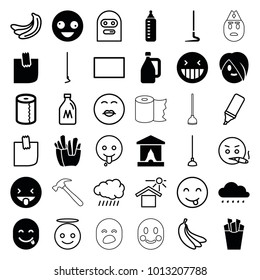 Yellow icons. set of 36 editable filled and outline yellow icons such as baby bottle, paper towel, crazy emot, laughing emot, stage, french fries, hoe, glued note, sun