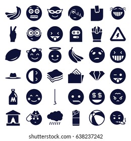 Yellow icons set. set of 36 yellow filled icons such as sun, milk can, banana, lemon, beach ball, gem, laughing emot, blush, emoji in mask, emoji showing tongue, emot in love