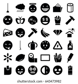 Yellow icons set. set of 36 yellow filled icons such as sun, milk can, lemon, baby bottle, butterfly, gem, paper towel, hummer, crazy emot, laughing emot, emoji angel