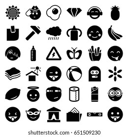 Yellow icons set. set of 36 yellow filled icons such as sun, sunflower, lemon, baby bottle, beach ball, butterfly, gem, paper towel, hummer, level ruler, blush, emoji in mask