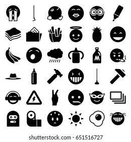 Yellow icons set. set of 36 yellow filled icons such as sun, milk can, baby bottle, paper towel, hummer, laughing emot, emoji in mask, sweating emot, emoji angel, french fries