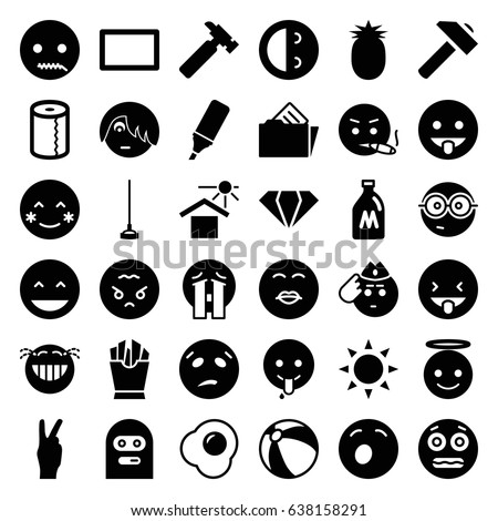 Yellow icons set. set of 36 yellow filled icons such as sun, milk can, beach ball, gem, paper towel, hummer, laughing emot, blush, emoji angel, kiss emot, nerd emoji