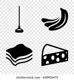 Yellow icons set. set of 4 yellow filled icons such as banana, hoe, sponge