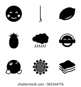 yellow icons set. Set of 9 yellow filled icons such as sun, sunflower, lemon, blush, emoji, dancing emoji, hoe, sponge