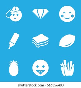 Yellow icons set. set of 9 yellow filled icons such as lemon, gem, blush, soldier emot, showing tongue emot, french fries, highlighter, sponge