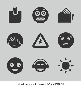 Yellow icons set. set of 9 yellow filled icons such as sun, crazy emot, sweating emot, emo emot, emoji, shocked emoji, glued note, document in folder
