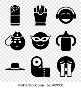 Yellow icons set. set of 9 yellow filled icons such as baby bottle, paper towel, emoji in mask, emoji, soldier emot, crying emoji, french fries, burrito
