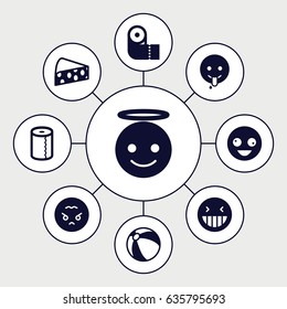 Yellow icons set. set of 9 yellow filled icons such as beach ball, paper towel, crazy emot, laughing emot, emoji angel, emoji showing tongue, angry emoji