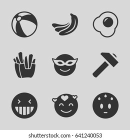 Yellow icons set. set of 9 yellow filled icons such as banana, beach ball, hummer, laughing emot, emoji in mask, sweating emot, emot in love, french fries