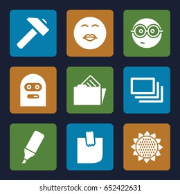 Yellow icons set. set of 9 yellow filled icons such as sunflower, hummer, kiss emot, nerd emoji, thief emot, glued note, highlighter, document in folder