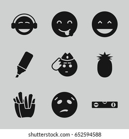 Yellow icons set. set of 9 yellow filled icons such as level ruler, laughing emot, emot showing tongue, emoji, french fries, highlighter