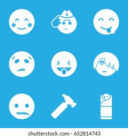 Yellow icons set. set of 9 yellow filled icons such as hummer, blush, emot showing tongue, sweating emot