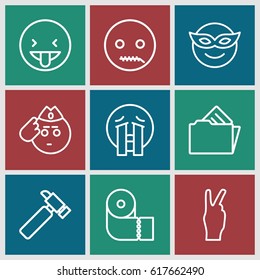 Yellow icons set. set of 9 yellow outline icons such as paper towel, hummer, document in folder, emoji in mask, soldier emot, showing tongue emot, crying emoji